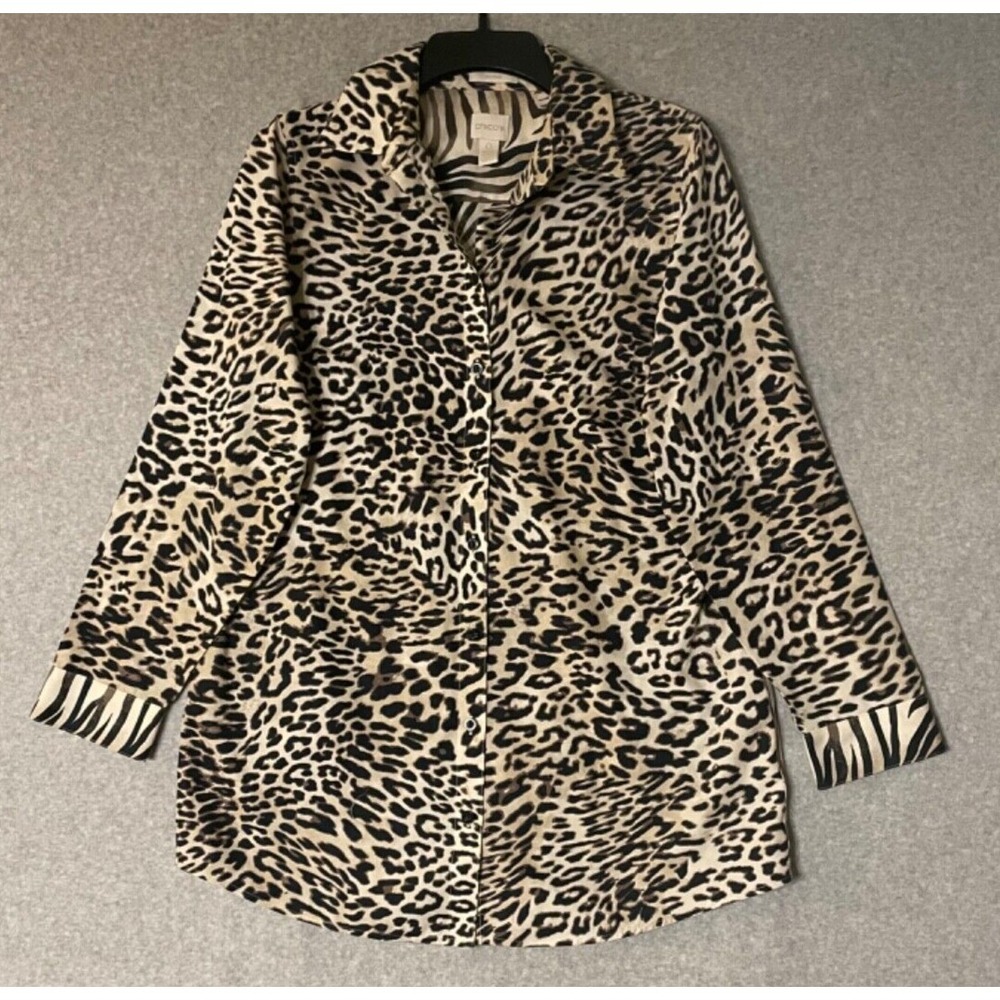 Chicos‎ Tunic Shirt Womens 0 Button Up Multi Animal Print Leopard Zebra Mob Wife